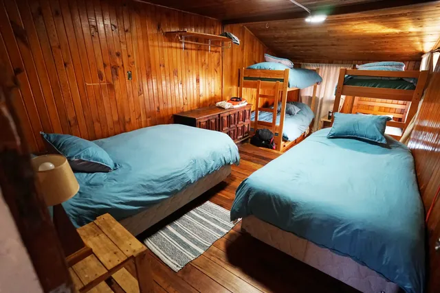 Ambiente luminosa con camas individuales, estantería de madera y un ambiente relajante que invita a disfrutar de la estadía - Laguna San Rafael - Hostal Micelio Villarrica
