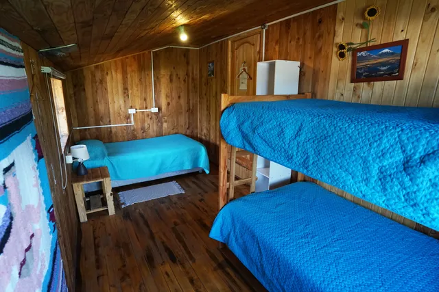 Ambiente con camas cómodas y un pequeño escritorio, con luz natural que entra por el ventanal y un toque de color en la manta. - Torres del Paine - Hostal Micelio Villarrica