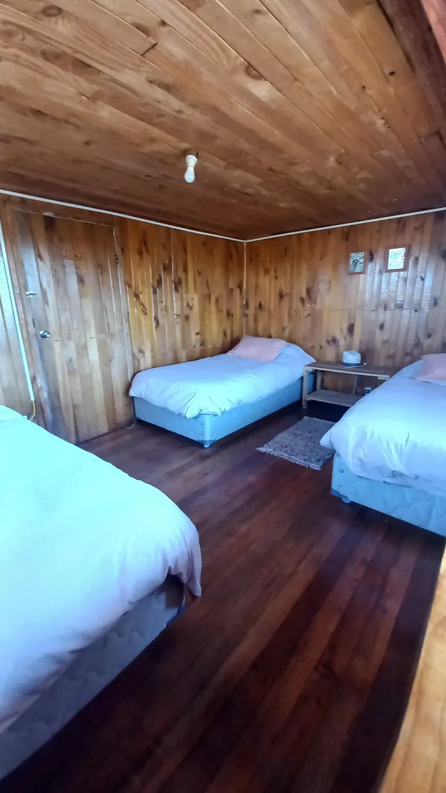 Madera clara en paredes y suelo, con mantas tejidas y una lámpara colgante, ofreciendo calidez y tranquilidad en la habitación. - Conguillío - Hostal Micelio Villarrica