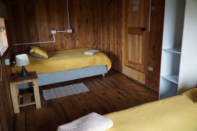 Ambiente cálido con paredes de madera, camas con sábanas amarillas y una lámpara de mesa, todo bañado en luz natural que resalta la calidez del - Torres del Paine - Hostal Micelio Villarrica