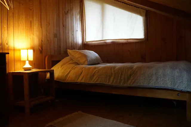 Estancia  luminosa con cama cómoda, planta decorativa y ventanal que brinda vistas impresionantes del volcán - Huerquehue - Hostal Micelio Villarrica